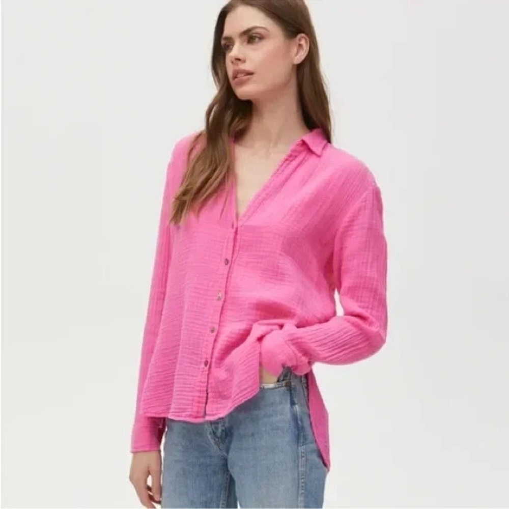 Michael Stars Women's Pink Leo Gauze Button Down Long Sleeve Shirt Sz L